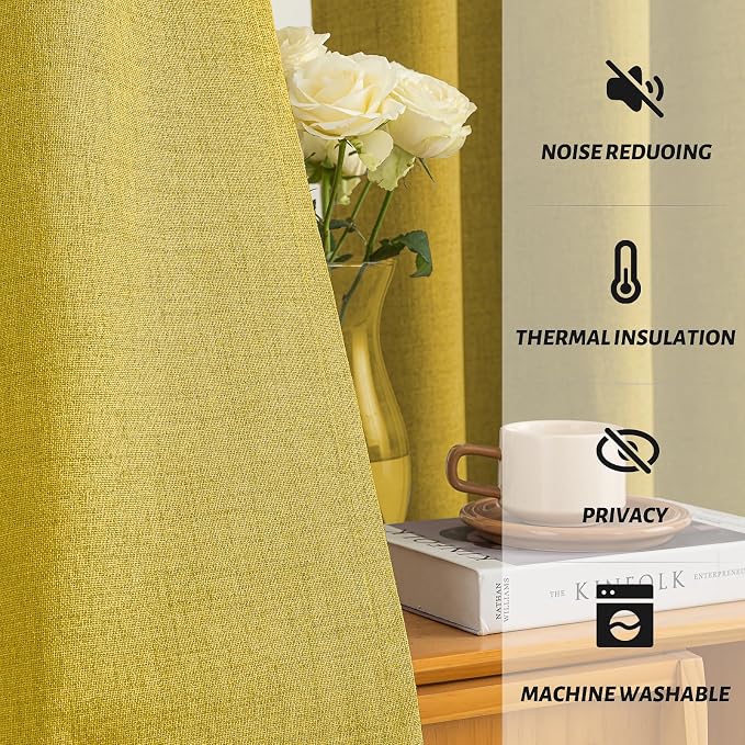 Yakamok Mustard Yellow Linen Curtains 100% Blackout 84 Inches Long, Room - Image 5