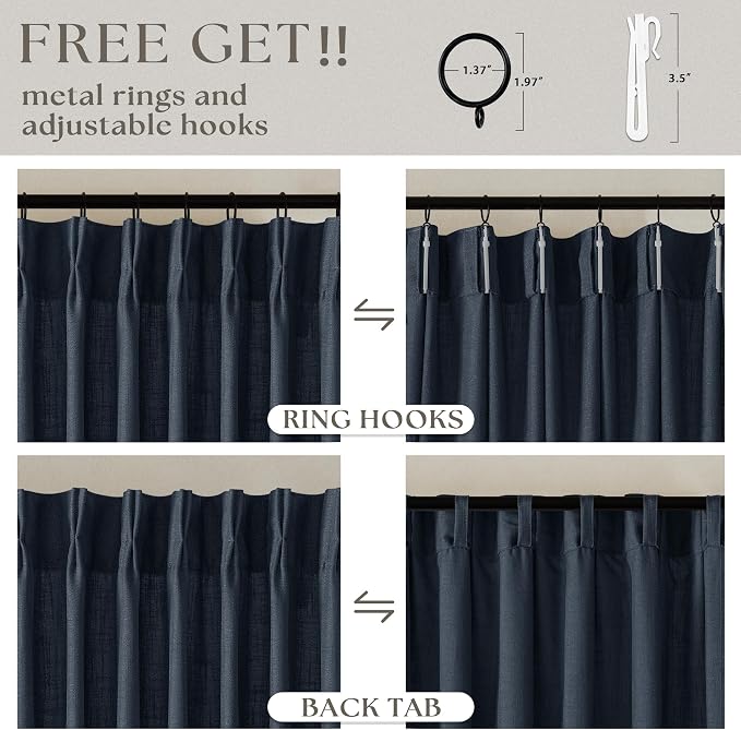 Navy Indigo Linen Pinch Pleated Curtains 102 Inches Long 2 Panels | Pinch - Image 5