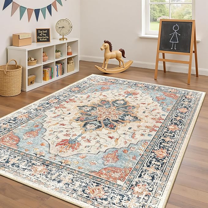 Area Rugs 4'x6' Washable Non-Slip, Floral Vintage Distress Print Pattern - Image 3