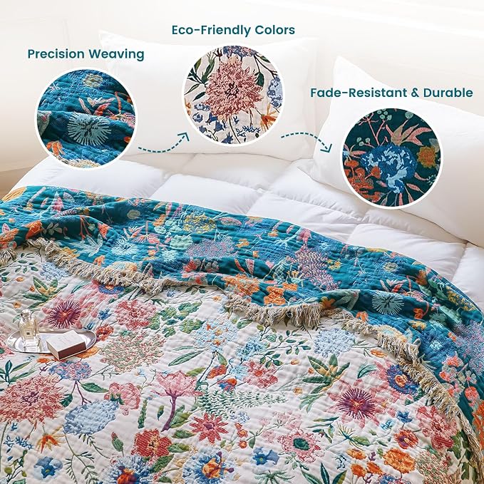 MSGKV Boho Throw Blanket 60"x80" Bed Floral 100% Cotton Blanket Spring - Image 3