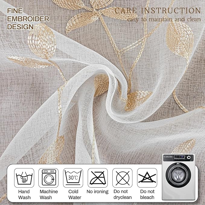 AmHoo 2 Panels Embroidered Leaf Pattern Semi Sheer Curtains Foliage Floral - Image 4