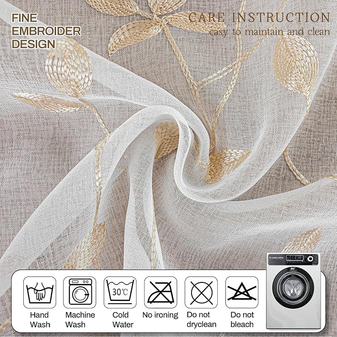 AmHoo 2 Panels Embroidered Leaf Pattern Semi Sheer Curtains Foliage Floral - Image 4