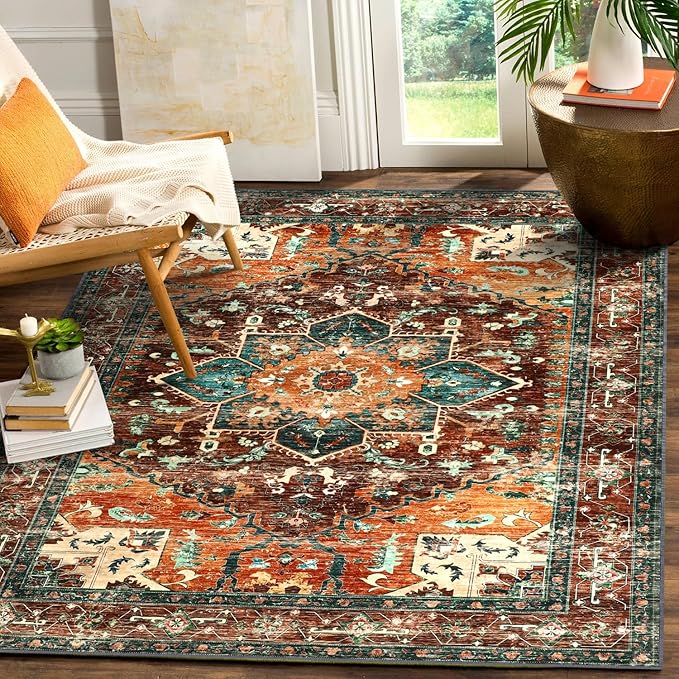 Yamaziot 6x9 Large Area Rug, Non-Slip Washable Boho Vintage Living Room Rug - Image 3