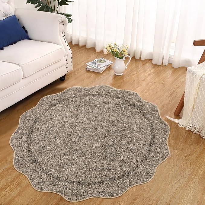 GarveeHome Scalloped Round Washable Rug, Soft Modern Round Rugs 5ft, Taupe | by GarveeHome