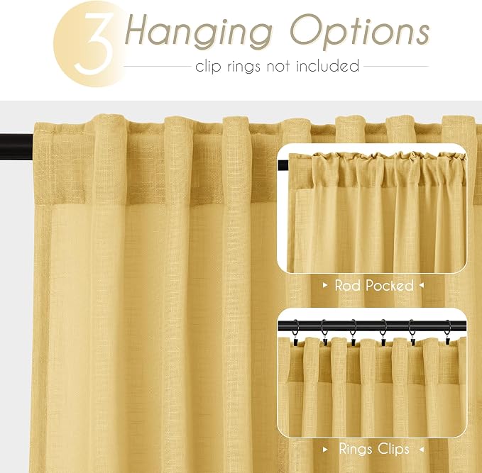 Gold Curtains for Living Room Back Tab Modern Farmhouse Semi Sheer Curtains 90 - Image 2