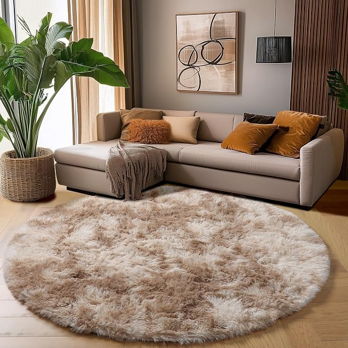 Amdrebio Tie-Dyed Beige Tan Round Area Rug 4Ft - Image 4