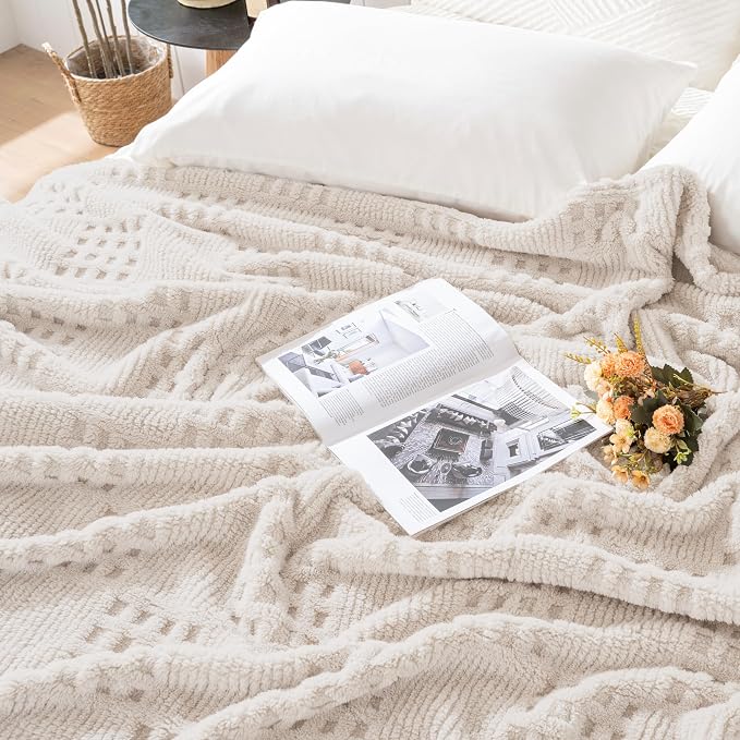 50x70 Inch Waffle Beige Throw Blanket -Fluffy Fleece, Neutral Tan Color - Image 3
