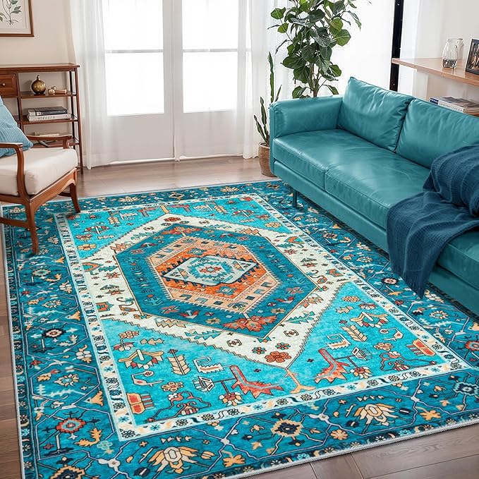 SERISSA Boho Area Rug 5x7 Blue, Washable Rugs by SERISSAHomeDecorCollection