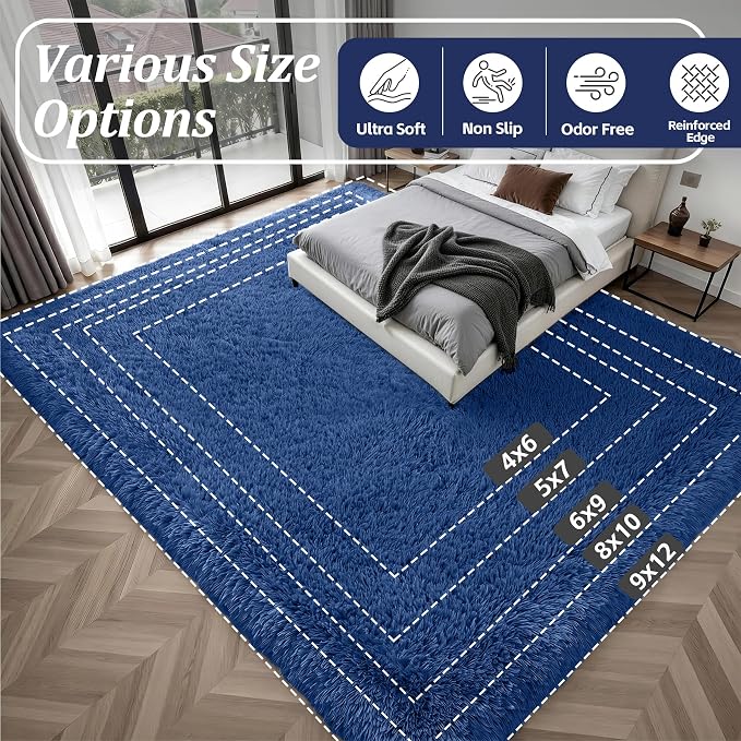 8x10 Area Rug Living Room Bedroom: Fluffy Plush Shag Carpet Blue | - Image 9