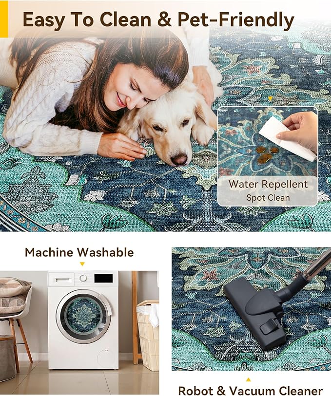 Area Rugs 7ft Washable Non-Slip, Floral Vintage Distress Print Pattern - Image 4