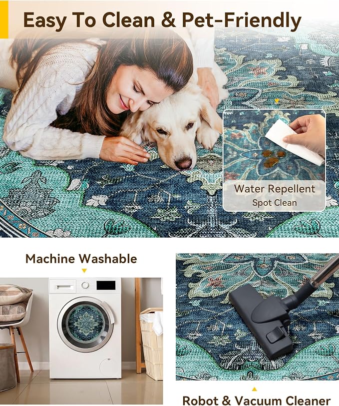 Area Rugs 4ft Washable Non-Slip, Floral Vintage Distress Print Pattern - Image 5