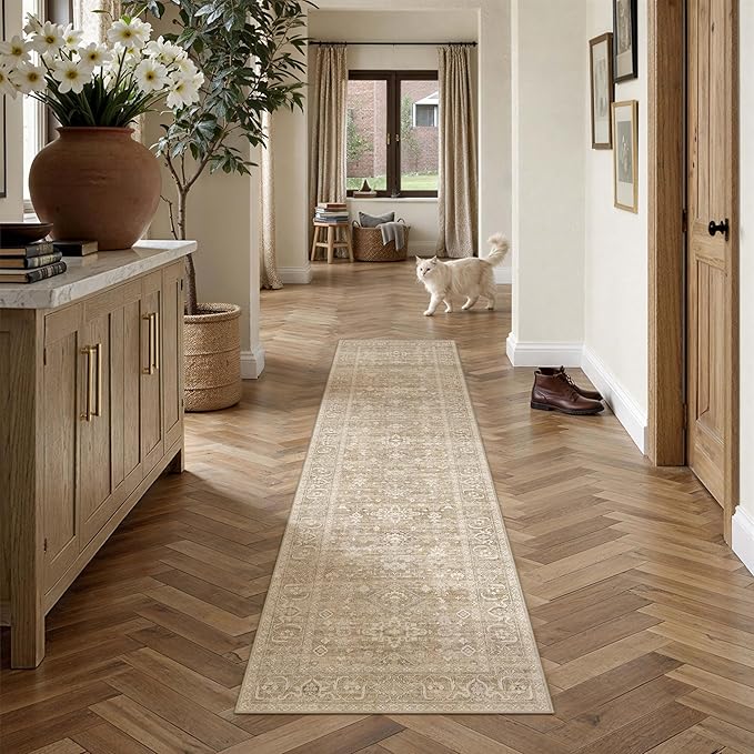 2x8 Washable Runner Rug for Hallway Kitchen Vintage Beige Non Slip Low Pile by WondRg