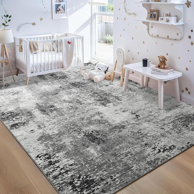 Living Room Rug 7x10 Gray Area Rugs Machine Washable Abstract Boho Large Rug - Image 3