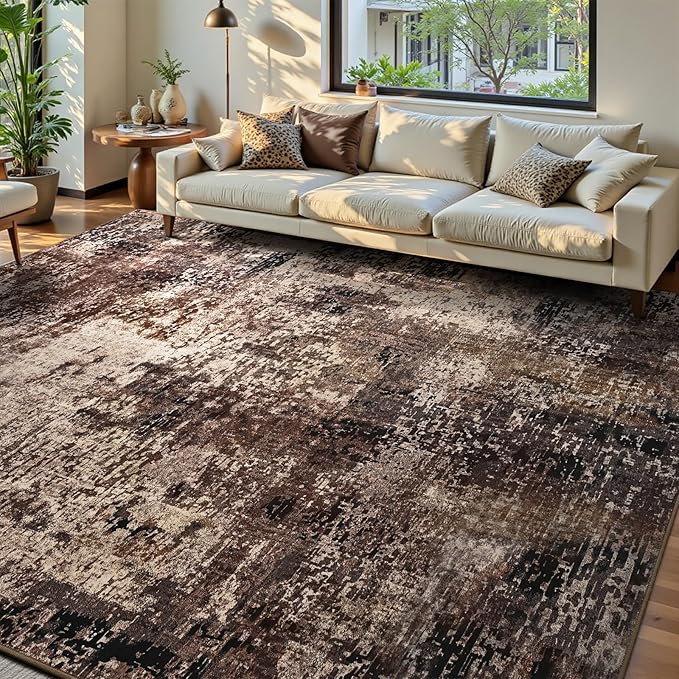 Ompaa Living Room Rug 6x9 Brown Area Rug Machine Washable Boho Coffee Rug Non by OmpaaHomeDecor