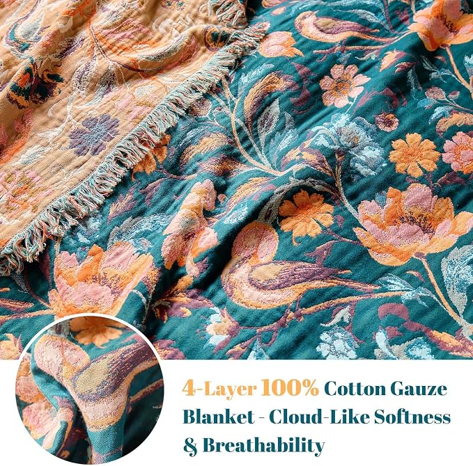 MSGKV Boho Throw Blanket for Couch 50"x60" Cotton Birds Floral Blanket Sofa - Image 4
