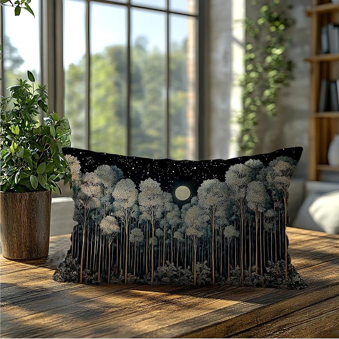 Rustic William Morris Inspired Night Forest Green Moon Pillow Covers 12x20 - Image 5