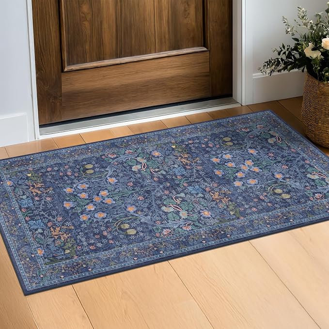 Dark Blue Washable 2x4 Entry Rug by HazoHaus