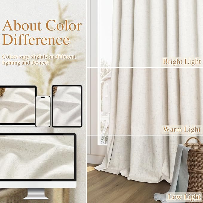 Guken Cream 100% Blackout Linen Curtains 96 Inch Length 2 Panels Set - Image 7