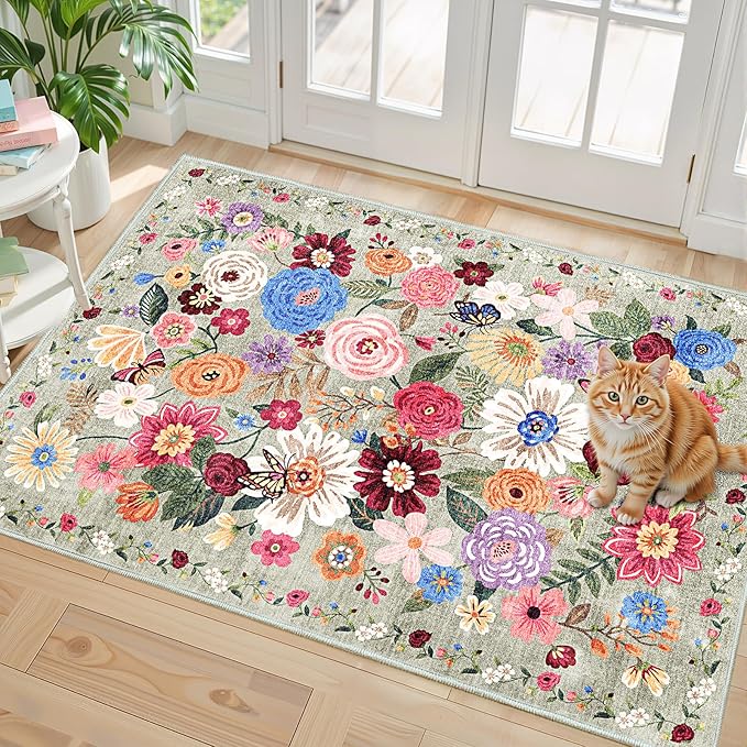 Floral Rug for Entryway, Non-Slip Indoor Door Carpet Stain Resistant Boho Small - Image 6
