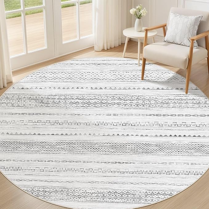 Nakagishi Round Rug Boho Area Rugs: 5x5 Washable Large Circle Neutral Soft by NakagishiAreaRug