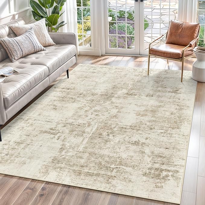 Soalmost Abstract Rug 5x7 Machine Washable Area Indoor Beige Gray White Low by Soalmost