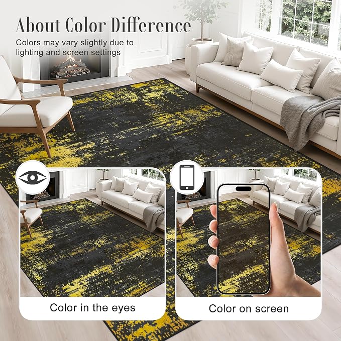 2.6x14 Washable Runner Rug:Modern Abstract Soft Carpet Black Gold | - Image 4