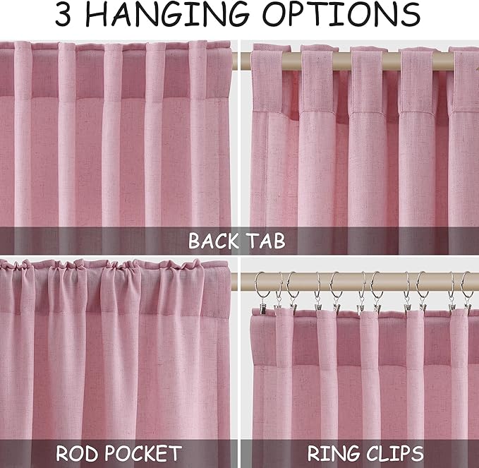 Rose Linen 96 Inch Long Curtains Panels 2 Panel Set - Image 2