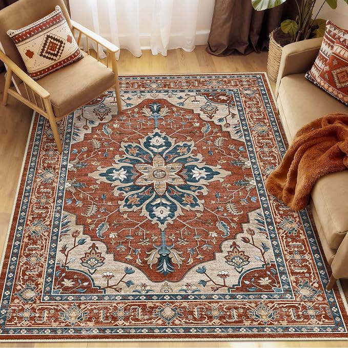 Area Rugs 5'x7' Washable Non-Slip, Floral Vintage Distress Print Pattern - Image 2