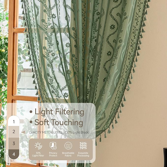 WAZZIO Boho Lace Curtains 2 Panels 72 Inches -Vintage Victorian Sheer Panel - Image 5