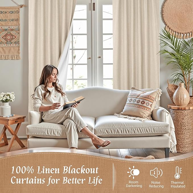 84 Inch 100% Blackout Linen Curtains 2 Panels - Image 3
