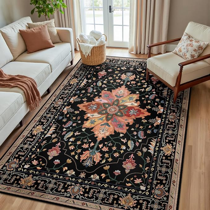 Area Rugs 5'x8' Washable Non-Slip, Floral Vintage Distress Print Pattern by RELEANY