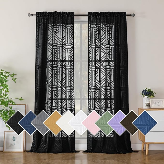 Simplebrand Black Semi Sheer Curtains 96 Inches Long 2 Panels, Light Filtering by Simplebrand