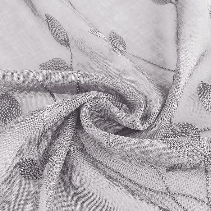 HOMEIDEAS Light Grey Sheer Curtains 52 X 63 Inches Length 2 Panels Embroidered - Image 6