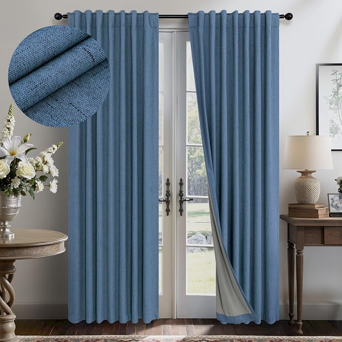 Denim Blue Living Room Darkening Curtains 72 Inches Long 2 Panels Set Faux by Pitalk