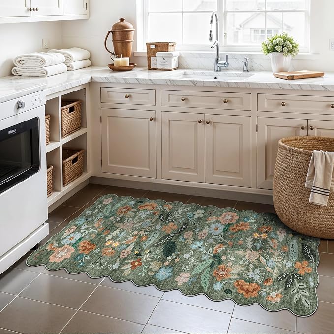 2x5 Washable Kitchen Area Rug: Floral Scalloped Entryway Runner Farmhouse - Image 4