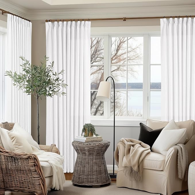 60 Inch Width Curtains 92 Inch White Linen Curtains Pinch Pleated | Linen Blend - Image 9