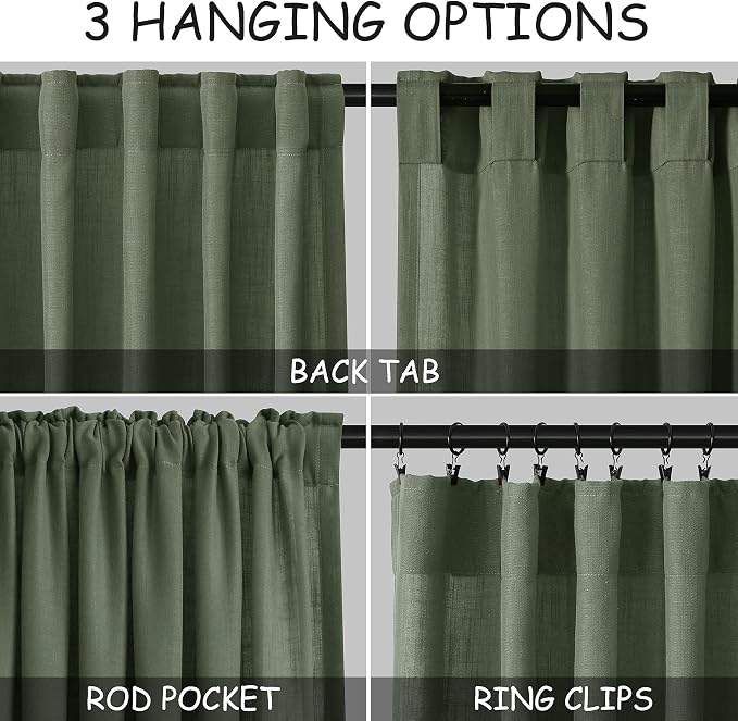 Nanspring 70 Inches Wide Olive Green Linen Curtains - Image 2