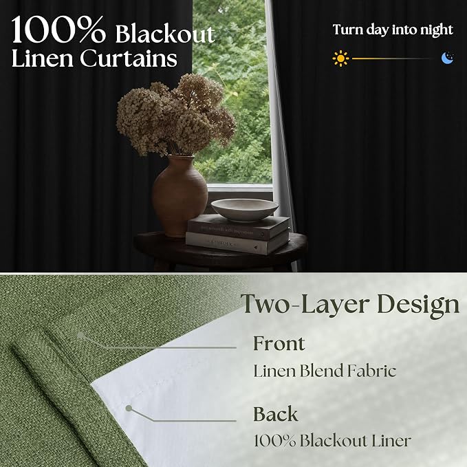 86 Inch Olive Green Linen Pinch Pleated Blackout Curtains - Image 2