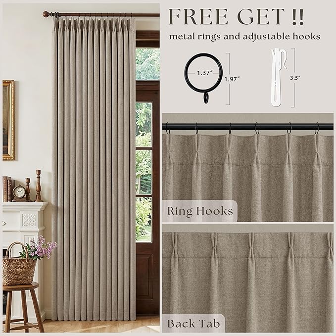 Deep Flax Pinch Pleated Blackout 102 Inch Bedroom Curtains Dual Layer | - Image 4