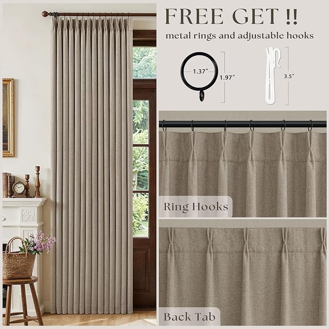 Deep Flax Linen Pinch Pleated 100% Blackout 92 Inch Curtains 2 Panels | Greige - Image 3