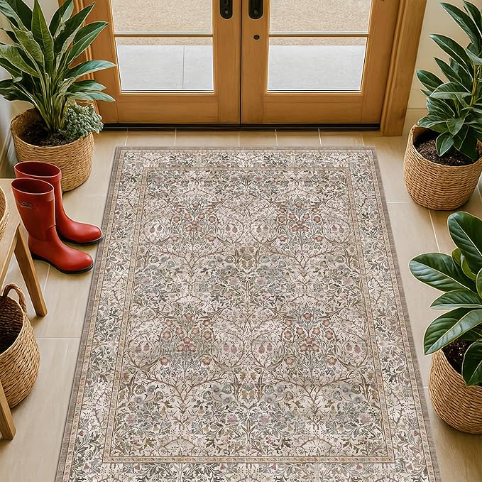 Vintage Moss Green Entryway Rug, 3x4 Washable Area Rugs - Image 6