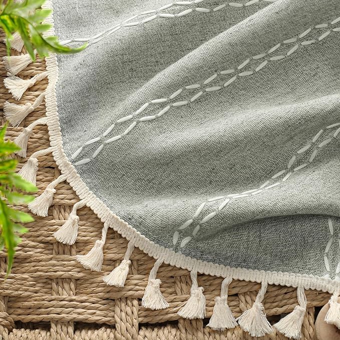 Boho Blackout Curtains 96 Inches Long Sage Green Linen Blend 2 Panels - Image 4