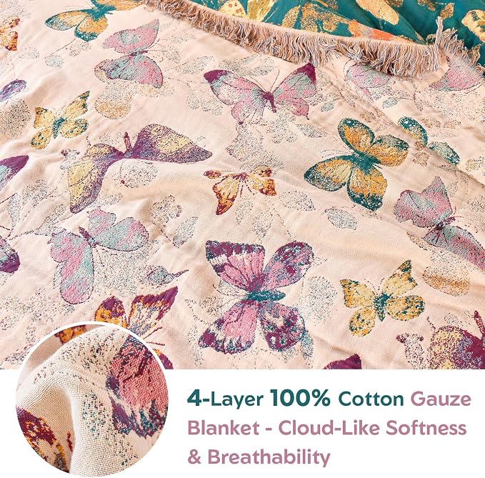 MSGKV Boho Throw Blanket for Couch Cotton Butterfly Blanket 50"x60" Sofa Chair - Image 4