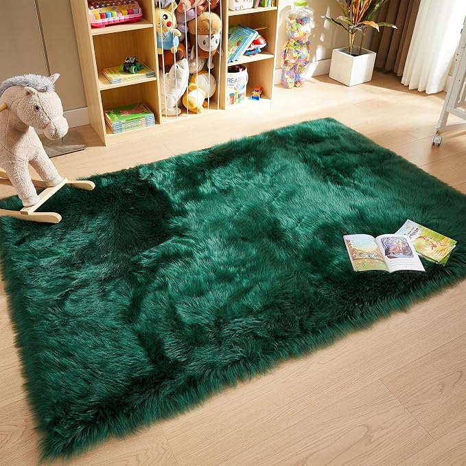 AMTOVO Faux Fur Sheepskin Rug for Living Room, 4 x 6 ft Dark Green Fluffy Area - Image 3