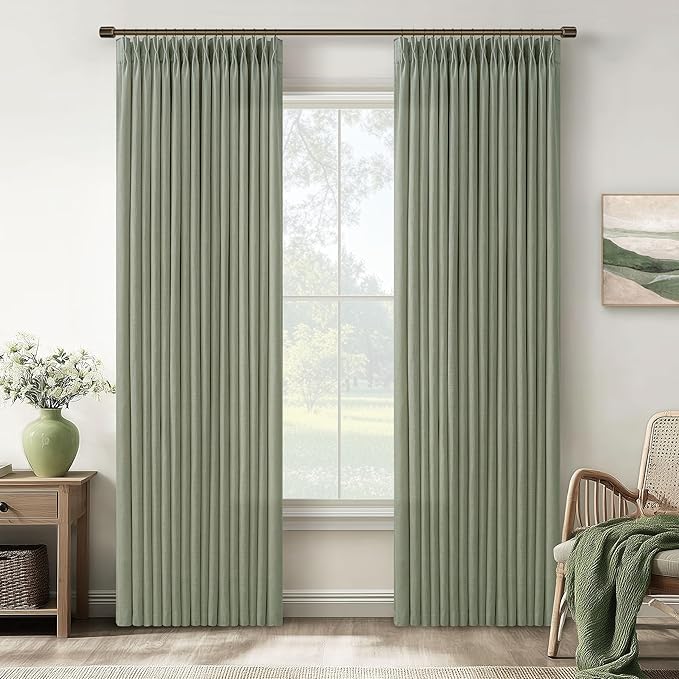 108 Inch Pinch Pleated Light Filtering Linen Memory Trained Green Curtains | by Twodrapes