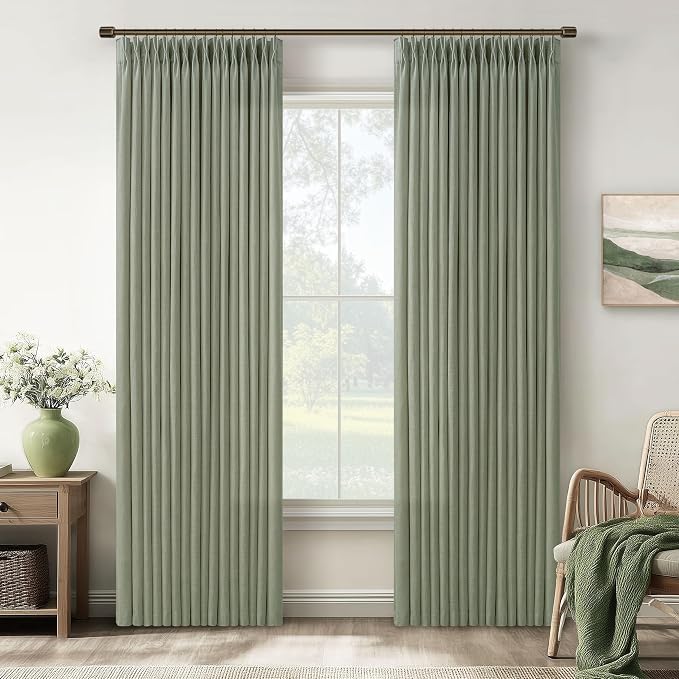 Sage Green Pinch Pleat Light Filtering Linen Curtains 50Wx84L | Pleated Flax by Twodrapes