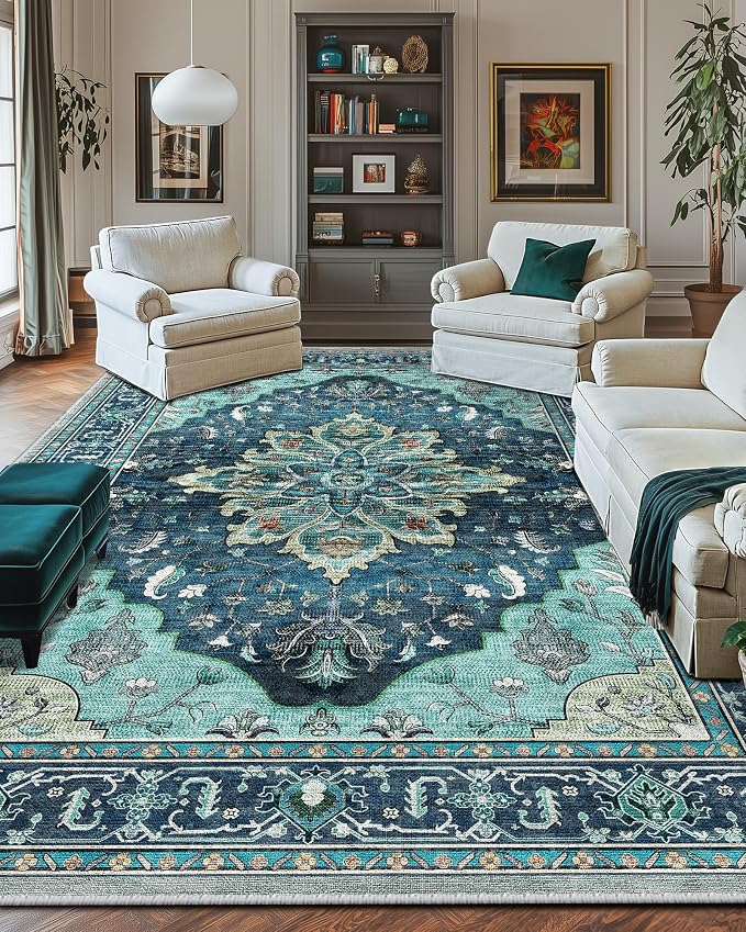 Area Rugs 9'x12' Washable Non-Slip, Floral Vintage Distress Print Pattern - Image 9