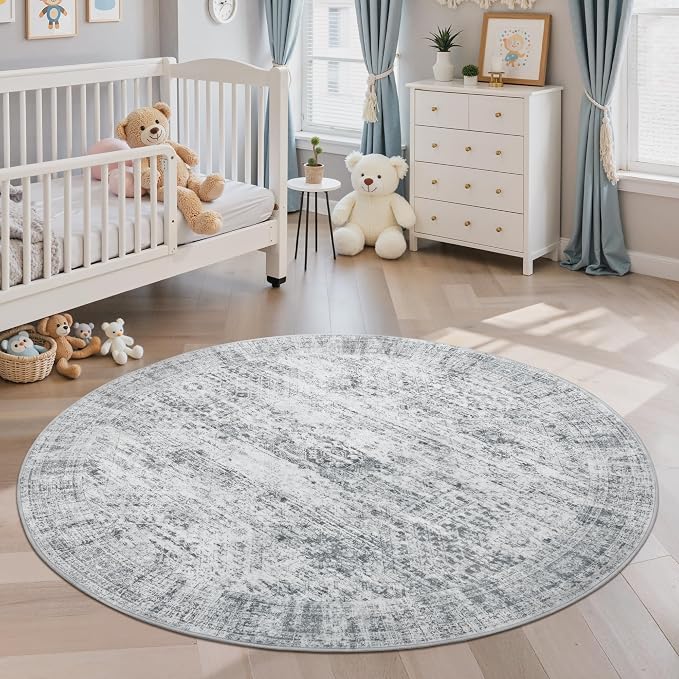 Soalmost 5x5 Grey Round Rug 5ft Living Room Circle Rug Vintage Gray Round Area - Image 2
