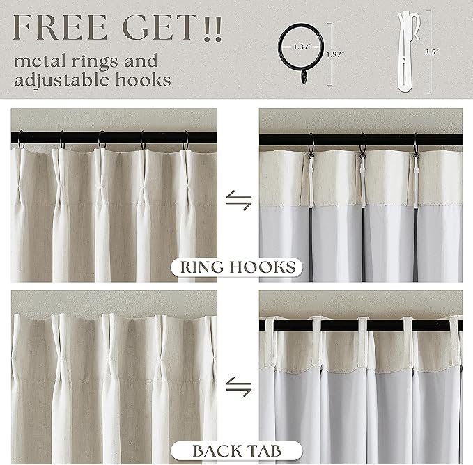Natural Pinch Pleat 100% Blackout Linen 96 Inch Long Curtains 60 Inch Wide | 2 - Image 5