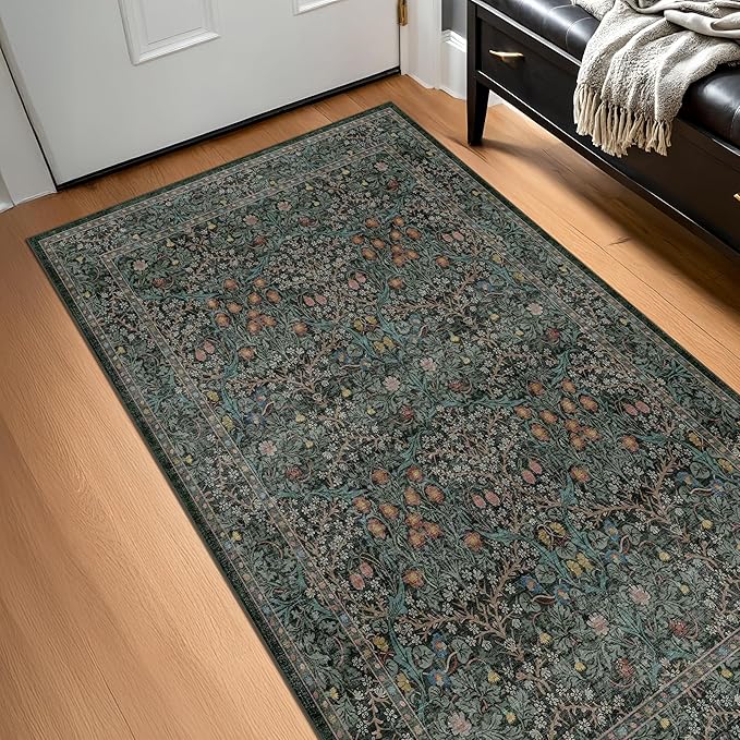 Dark Green Washable Entry Rug, 3x4 Rugs by HazoHaus